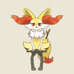  1girl absurdres animal_ear_fluff animal_ears animal_feet animal_hands animal_nose black_fur body_fur braixen commentary flat_chest fox_ears fox_girl fox_tail full_body furry furry_female happy highres legs looking_at_viewer multicolored_fur neck_fur open_mouth pigeon-toed pokemon pokemon_(creature) red_eyes simple_background smile solo standing stick straight-on tail watamonya white_fur yellow_background yellow_fur 