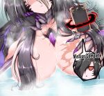  2girls black_hair breasts cellphone collarbone commentary_request dragon_claw dragon_girl dragon_horns english_text g_(genesis1556) grabbing_own_breast grey_hair hair_between_eyes hair_censor hair_over_one_eye head_out_of_frame highres horns jitome large_breasts long_hair mia_(g_(genesis1556)) monster_girl multicolored_hair multiple_girls nude onsen original parted_lips phone red_eyes scales scar scar_on_breasts scar_on_chest sidelocks smartphone solo_focus spoken_character steam triangle_mouth very_long_hair water wet white_hair zenobia_(g_(genesis1556)) 