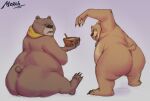  2023 absurd_res anthro baby_bear_(puss_in_boots) bear belly big_belly big_butt black_nose brown_body butt duo food hi_res male mammal overweight overweight_male papa_bear_(puss_in_boots) puss_in_boots_(film) puss_in_boots_the_last_wish scarf sitting themorghull 