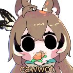  1girl ahoge animal_ear_fluff animal_ears black_eyes blush_stickers brown_capelet brown_cloak brown_hair capelet carrot cat_ears chibi cloak commentary crossed_bangs eating english_commentary english_text feather_hair_ornament feathers food_in_mouth hair_between_eyes hair_ornament highres hololive hololive_english kemonomimi_mode koyoinacho long_hair looking_at_viewer mouth_hold multicolored_hair nanashi_mumei portrait sidelocks simple_background smol_mumei solo straight-on streaked_hair virtual_youtuber white_background 
