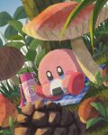  acorn blanket blue_eyes blush_stickers candy food forest grass highres invincible_candy kirby kirby_(series) leaf miclot mushroom nature no_humans outdoors picnic pink_footwear shoes sitting thermos tree 