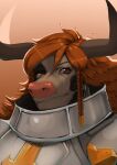  2_horns anthro armor bovid bovine bust_portrait cattle clothed clothing digital_media_(artwork) female hair heterochromia hi_res horn long_hair looking_at_viewer makumba mammal orange_hair portrait simple_background smile smiling_at_viewer solo solo_focus solo_in_panel three-quarter_view 