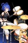  1girl awana_(user_xccs2274) belt black_background black_belt black_shirt blue_hair breasts cleavage cleavage_cutout clothing_cutout commentary_request crop_top cymbals detached_sleeves drum drum_set electric_guitar foot_out_of_frame genshin_impact guitar guoba_(genshin_impact) hair_rings highres holding holding_instrument instrument long_sleeves looking_at_viewer medium_breasts midriff navel pants shirt short_hair sitting sleeveless sleeveless_shirt smile stomach white_pants xiangling_(genshin_impact) yellow_eyes 