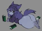  anthro beanie beverage_can big_butt blue_hair bottomless butt canid canine canis clothed clothing domestic_dog female fur goonie-san grey_body grey_fur hair hat headgear headwear hi_res looking_at_viewer lying mammal mini_(puppy_in_space) monster_energy monster_energy_can on_front short_stack solo 