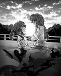  2girls blush cloud greyscale himeko_(honkai:_star_rail) honkai:_star_rail honkai_(series) kafka_(honkai:_star_rail) long_hair monochrome motor_vehicle motorcycle multiple_girls outdoors shuiro0z sunrise yuri 