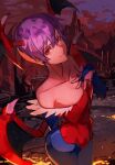  1girl bare_shoulders bat_wings breasts demon_girl fingerless_gloves flat_chest gloves head_wings highres leotard lilith_aensland looking_at_viewer nasubin_(nasubisamurai15) outdoors pantyhose purple_hair red_eyes red_leotard short_hair smile solo vampire_(game) wings 