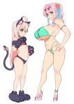  2girls absurdres ahoge animal_ears animal_hands anklet aqua_bikini bikini black_bra black_panties blue_hair bra breasts brown_eyes cameltoe cat_ears cat_tail covered_nipples era_(erasion) eyewear_on_head fake_animal_ears fake_tail frills gloves grin hair_ornament hand_on_hip high_heels highres hozuki_kaede jewelry large_breasts long_hair multiple_girls navel onii-chan_wa_oshimai! oyama_mahiro panties paw_gloves paw_shoes pink_eyes pink_hair ponytail simple_background smile sunglasses swimsuit tail underwear white_background 