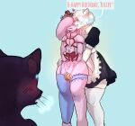  2023 absurd_res anthro chastity_cage chastity_device clothed clothing dialogue digital_media_(artwork) domestic_cat embarassed_nude_male embarassment felid feline felis female fully_clothed fur group hair hi_res lagomorph leporid looking_at_another maid_uniform male mammal partially_clothed pink_body pink_fur pink_hair rabbit seductive showingoff simple_background sonofan tongue tongue_out uniform 