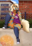  anthro arcanine bottomless clothed clothing female footwear fur generation_1_pokemon genitals hi_res maya_henderson nintendo phone pickles-hyena pokemon pokemon_(species) pubes pussy shoes sitting socks solo striped_body striped_fur stripes urban 