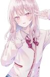  1other akiyama_mizuki blush highres kamiyama_high_school_uniform_(project_sekai) long_sleeves open_mouth other_focus pink_eyes pink_hair project_sekai school_uniform simple_background solo swept_bangs v white_background yomogi_mogu 