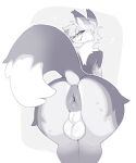  anthro anus backsack balls bodily_fluids butt canid canine digital_media_(artwork) eden_(pklucario) fox gemkin genitals grin hair hi_res looking_back male mammal monochrome nude rear_view simple_background smile solo sparkles sweat whiskers 