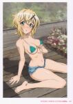  1girl absurdres akatsuki_kirika bikini blonde_hair blush breasts comiket_102 denim denim_shorts english_text eyelashes fujikawa_daichi green_bikini green_eyes hair_ornament hairclip highres looking_at_viewer medium_breasts navel senki_zesshou_symphogear short_hair shorts sitting solo swimsuit 