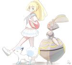  1girl absurdres alolan_vulpix backpack bag blonde_hair full_body green_eyes highres ida_(idalol490) lillie_(pokemon) long_hair magearna pleated_skirt pokemon pokemon_(anime) pokemon_(creature) pokemon_sm_(anime) ponytail shirt signature skirt smile walking white_background white_footwear white_shirt white_skirt 