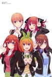  :d absurdres black_jacket blue_cardigan blue_eyes blunt_bangs blush brown_hair cardigan closed_mouth collared_shirt double_v finger_to_mouth go-toubun_no_hanayome green_skirt hair_between_eyes hair_ribbon headphones headphones_around_neck highres jacket long_hair looking_at_viewer medium_hair megami_magazine nail_polish nakano_ichika nakano_itsuki nakano_miku nakano_nino nakano_yotsuba official_art one_eye_closed open_mouth orange_hair pink_hair pleated_skirt quintuplets red_hair red_sweater_vest ribbon scan school_uniform shirt short_hair siblings simple_background sisters skirt smile standing sweater sweater_vest teeth upper_teeth_only v waving white_background white_shirt yellow_cardigan 