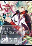  1boy absurdres bandaged_arm bandages belt birthday bug butterfly collared_shirt green_hair hair_over_one_eye happy_birthday headphones highres jacket jacket_on_shoulders male_focus necktie official_art red_eyes shirt short_hair shun&#039;ei smile snk solo the_king_of_fighters the_king_of_fighters_xiv yumi_saji 