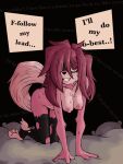  all_fours animated anthro breasts canid canine canis clothing comic dialogue domestic_dog fake_smile female forced_smile hair homeless homeless_dog legwear mammal messy_hair panicking ponporio_(artist) red_eyes sad solo stockings the_suit_(ponporio) thoughts torn_clothing torn_legwear torn_stockings 