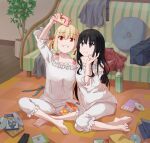  2girls ayaseasumi bare_shoulders barefoot black_hair blonde_hair blurry blurry_background cellphone chips_(food) clenched_teeth closed_mouth commentary_request controller couch food frilled_pants frilled_shirt frills hair_between_eyes hand_around_waist highres holding holding_phone indian indoors inoue_takina long_hair looking_up lycoris_recoil multiple_girls nishikigi_chisato off-shoulder_shirt off_shoulder pajamas pants phone plant potted_plant purple_eyes red_eyes remote_control selfie shirt short_hair sidelocks sitting smartphone smile taking_picture teeth twintails v white_pants white_shirt yokozuwari yuri 