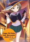  1girl :o birthday black_cape black_headwear black_neckerchief blouse brown_eyes brown_hair building cape character_name commentary dated english_text girls_und_panzer green_skirt halloween halloween_costume happy_birthday hat holding holding_wand jack-o&#039;-lantern long_sleeves maruyama_saki miniskirt neckerchief night ooarai_school_uniform orange_cape orange_headwear outdoors parted_lips pleated_skirt rabbit_hat_ornament sailor_collar school_uniform serafuku shirt short_hair skirt solo standing tokishiro_(himawarihatake) twitter_username two-sided_cape two-sided_fabric two-sided_headwear wand white_sailor_collar white_shirt witch_hat 