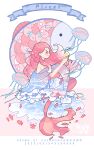  1girl artist_name banner blue_shawl closed_mouth dated english_text eyelashes fish from_side full_body guanmumu highres holding_orb jellyfish light_blush long_hair mermaid monster_girl original pink_background pink_eyes pink_hair pisces_(zodiac) shawl sitting smile solo too_many_fish topless two-tone_background watermark waves white_background 