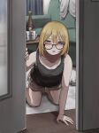  1girl barefoot beer_can black_camisole blonde_hair bob_cut bottle camisole can couch crawling double-parted_bangs glasses grey_hoodie hair_between_eyes highres hood hoodie light_blush looking_at_viewer medium_hair mole mole_under_eye open_mouth opening_door original pink_shorts rug shirt shorts squinting tabao wooden_floor 