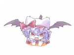  1girl animal_ears animal_hat aokukou ascot bat_wings blue_hair bow cat_ears cat_tail eyes_visible_through_hair frilled_headwear frilled_sleeves frills hair_between_eyes hair_over_eyes hat hat_bow hat_ribbon looking_to_the_side mob_cap paw_pose pink_headwear puffy_short_sleeves puffy_sleeves red_ascot red_eyes red_footwear remilia_scarlet ribbon short_hair short_sleeves solo striped striped_bow tail touhou white_stripes wings 