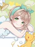  1girl 1other bath bathing brown_hair cardcaptor_sakura closed_mouth green_eyes green_ribbon hair_ribbon kero kinomoto_sakura momo-tako ribbon short_hair showering smile topless 