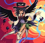  1other androgynous azrielfiend black_hair black_headwear black_nails black_wings closed_mouth collared_shirt commentary detached_sleeves english_commentary enraku_tsubakura eyes_visible_through_hair feathered_wings green_skirt hat hat_ribbon highres len&#039;en long_sleeves medium_hair neck_ribbon no_sclera other_focus purple_eyes red_ribbon ribbon sandals shirt skirt sleeveless sleeveless_shirt socks solo white_shirt white_sleeves white_socks wings 
