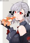  1girl bare_shoulders black_gloves black_ribbon breasts eating fingerless_gloves food girls&#039;_frontline gloves grey_hair hair_ribbon highres holding holding_food holding_pizza large_breasts long_hair looking_at_viewer pizza pizza_slice red_eyes ribbon solo spas-12_(girls&#039;_frontline) twintails wuwuwu_(kriswu555) 