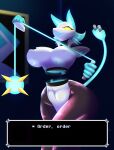  2022 absurd_res anthro big_breasts breasts deltarune dialogue_box disembodied_hand english_text felid female flail hi_res looking_at_viewer machine mammal melee_weapon nipple_outline not_furry robot roselia_van_blanc signature socket solo tasque_manager text thick_thighs undertale_(series) weapon white_body wide_hips yellow_eyes 