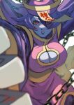  1girl blue_skin breasts burning_isaka chain chinese_clothes claws cleavage_cutout clothing_cutout colored_skin highres jiangshi lei_lei looking_at_viewer pointy_hair purple_eyes purple_hair short_hair talisman vampire_(game) 