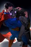  2boys armor ass bara batman batman_(series) biting black_cape black_gloves black_hair blue_bodysuit bodysuit bruce_wayne cape clark_kent closed_eyes dc_comics gloves grey_bodysuit highres hug male_focus mask mind_control multiple_boys muscular muscular_male red_cape short_hair shoulder_armor superman superman_(series) teeth white-corner yaoi 