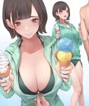  1boy 1girl absurdres aegyo_sal bikini blush breasts brown_eyes brown_hair cleavage closed_mouth commentary_request earrings fingernails food green_bikini green_hoodie highres holding holding_food holding_ice_cream holding_ice_cream_cone hood hoodie ice_cream jewelry koh_(minagi_kou) large_breasts looking_at_viewer open_mouth original partially_unzipped smile solo_focus speech_bubble swimsuit topless_male unzipping wet white_background 