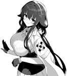  1girl azuma_(azur_lane) azur_lane azur_lane:_slow_ahead blush bra breasts closed_mouth gloves greyscale hair_between_eyes half_gloves hori_(hori_no_su) jacket jacket_on_shoulders lace-trimmed_bra lace_trim large_breasts long_hair looking_at_viewer monochrome official_art see-through sidelocks simple_background skirt smile solo underwear very_long_hair white_background 