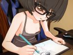  1girl bags_under_eyes blush breasts brown_eyes brown_hair chair downblouse drawing drawing_tablet gaming_chair glasses highres nipples original rountain short_hair small_breasts swivel_chair tank_top tomboy wardrobe_malfunction 