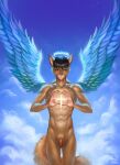 abs angel anthro athletic athletic_anthro biceps black_hair cloud cross deity detailed detailed_fur feathered_wings feathers feral fire fluffy fluffy_tail fur genitals glowing hair halo hi_res kaneda_chan looking_at_viewer male mammal muscular muscular_anthro muscular_male nude orange_body orange_fur penis portrait rodent sciurid simple_background sky solo star tail tree_squirrel wings 