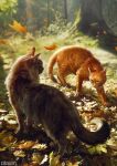  akreon animal animal_focus artist_name autumn_leaves cat commentary english_commentary forest green_eyes grey_fur leaf nature no_humans orange_fur original outdoors tree watermark 