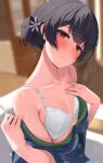  1girl absurdres black_hair blurry blurry_background blush bra breasts collarbone couch hair_bun head_tilt highres idolmaster idolmaster_shiny_colors indoors japanese_clothes kimono kimono_pull looking_at_viewer morino_rinze on_couch pyonsan red_eyes single_side_bun sitting small_breasts solo steam sweat underwear undressing white_bra 