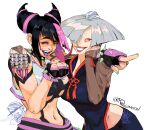  a.k.i._(street_fighter) absurdres arm_around_shoulder black_hair bracelet china_dress chinese_clothes claw_(weapon) dress earrings grey_hair hair_horns hair_over_one_eye han_juri highres jewelry laughing laughing_girls_(meme) meme multicolored_hair navel relusionh spiked_bracelet spikes stomach streaked_hair street_fighter street_fighter_6 tassel tassel_earrings upper_body weapon 