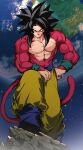  1boy absurdres biceps black_hair blue_sash blue_wristband body_fur dragon_ball dragon_ball_gt gigatan_d highres looking_at_viewer male_focus monkey_boy monkey_tail muscular muscular_male no_nipples pants pectorals red_fur saiyan sash solo son_goku spiked_hair super_saiyan super_saiyan_4 tail yellow_pants 