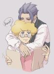  2boys ace_attorney afro albert_harebrayne arms_around_neck barok_van_zieks blonde_hair blue_eyes collared_shirt glasses grey_background head_on_head head_rest highres holding holding_paper hug hug_from_behind leaning_on_person long_sleeves looking_at_another male_focus multiple_boys paper purple_hair reducto1art shirt short_hair simple_background the_great_ace_attorney the_great_ace_attorney_2:_resolve upper_body white_shirt yaoi 