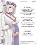  1girl alternate_costume big_belly breasts cleavage flower girls&#039;_frontline grey_hair hair_flower hair_ornament hands_on_own_stomach j_adsen jewelry large_breasts long_sleeves looking_at_viewer mature_female mixed-language_commentary pregnant purple_eyes purple_flower ring rpk-16_(girls&#039;_frontline) short_hair smile solo 