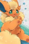  2017 3_toes abstract_background ambiguous_gender big_ears big_tail blue_inner_ear canid colored crotch_tuft cute_fangs digital_media_(artwork) digitigrade eeveelution featureless_crotch feet feral flareon fluffy fluffy_tail front_view full-length_portrait fur generation_1_pokemon glistening glistening_body glistening_eyes glistening_fur green_eyes head_tuft hi_res hindpaw inner_ear_fluff kemono looking_at_viewer lying mammal monotone_ears monotone_tail multicolored_body multicolored_fur neck_tuft nintendo no_sclera on_side open_mouth orange_body orange_ears orange_fur orange_inner_ear_fluff pawpads paws pink_pawpads pink_tongue pokemon pokemon_(species) portrait quadruped shaded solo star_polygon suppainu tail three-quarter_view toes tongue tuft two_tone_body two_tone_fur yellow_body yellow_fur yellow_tail 