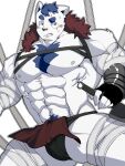  1boy abs bandages bara black_loincloth bound bound_legs clothes_lift dagger feet_out_of_frame highres holding holding_dagger holding_knife holding_weapon knife looking_at_viewer male_focus muscular muscular_male navel navel_hair nervous_sweating nipples pelvic_curtain pelvic_curtain_lift raised_eyebrow short_hair solo stomach stuck sweat thick_thighs thighs ttn_(239_239) uneven_eyes weapon 