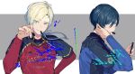  2boys absurdres black_shirt blonde_hair blue_eyes blue_hair blue_lock blue_shirt collared_shirt gradient_hair hand_on_own_neck hand_up highres holding holding_pen itoshi_rin long_hair long_sleeves looking_at_viewer male_focus michael_kaiser mouth_hold multicolored_hair multiple_boys musical_note pen red_shirt shirt short_hair smile soccer_uniform sohu sportswear twitter_username two-tone_hair two-tone_shirt upper_body 