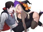  1boy 1girl absurdres belt_choker black_eyes black_footwear black_hair black_headwear blonde_hair blue_eyes boruto:_naruto_next_generations breasts cleavage collared_shirt commentary earrings english_commentary flower hair_over_one_eye halloween halloween_costume hat hetero high_heels highres husband_and_wife jewelry jitome large_breasts lipstick long_hair long_sleeves looking_at_another makeup mature_female mature_male naruto_(series) navel orange_flower orange_ribbon orange_rose pale_skin pink_lips ribbon rose sai_(naruto) see-through see-through_sleeves shirt short_hair simple_background smile vampire_costume white_background witch_hat xmonday_mintx yamanaka_ino 