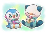  +_+ animal_focus bird blush eating fang food freckles holding holding_spoon ice_cream no_humans open_mouth oshawott otter penguin piplup pokemon pokemon_(creature) shell sitting spoon tail towa_(clonea) watercolor_background 
