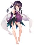  1girl bare_shoulders barefoot black_hair blush boshi_(a-ieba) breasts brown_eyes cape covered_navel detached_sleeves fate/kaleid_liner_prisma_illya fate_(series) feather_hair_ornament feathers full_body hair_ornament hairclip highres leotard long_hair looking_at_viewer miyu_edelfelt open_mouth pregnant purple_leotard purple_sleeves sidelocks small_breasts smile solo twintails white_background white_cape 