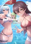  3girls :d ^_^ amber_(genshin_impact) arm_strap bikini black_hairband blue_hair blue_sky breasts brown_eyes cleavage closed_eyes cloud collei_(genshin_impact) commentary_request criss-cross_halter day eula_(genshin_impact) genshin_impact green_bikini green_hair grin hairband halterneck highres kirima_(user_danf8787) large_breasts long_hair looking_at_viewer multiple_girls navel one_eye_closed open_mouth red_bikini short_shorts shorts sky smile stomach swimsuit thigh_strap thighs v wading water white_bikini white_shorts 