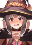  1girl absurdres black_gloves blunt_bangs blurry blurry_foreground blush brown_hair brown_headwear collar collarbone depth_of_field embarrassed fingerless_gloves full-face_blush gloves hat highres kono_subarashii_sekai_ni_shukufuku_wo! looking_at_viewer megumin open_mouth red_eyes short_hair simple_background solo starkamisan upper_body v-shaped_eyebrows white_background witch_hat 