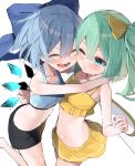  2girls absurdres bare_arms bare_legs bare_shoulders barefoot bikini black_shorts blue_bikini blue_bow blue_hair blush bow cirno closed_eyes collarbone daiyousei detached_wings fairy fairy_wings green_eyes green_hair hair_between_eyes hair_bow highres ice ice_wings long_hair multiple_girls open_mouth short_hair shorts side_ponytail simple_background smile swimsuit touhou tsune_(tune) white_background wings yellow_bikini 